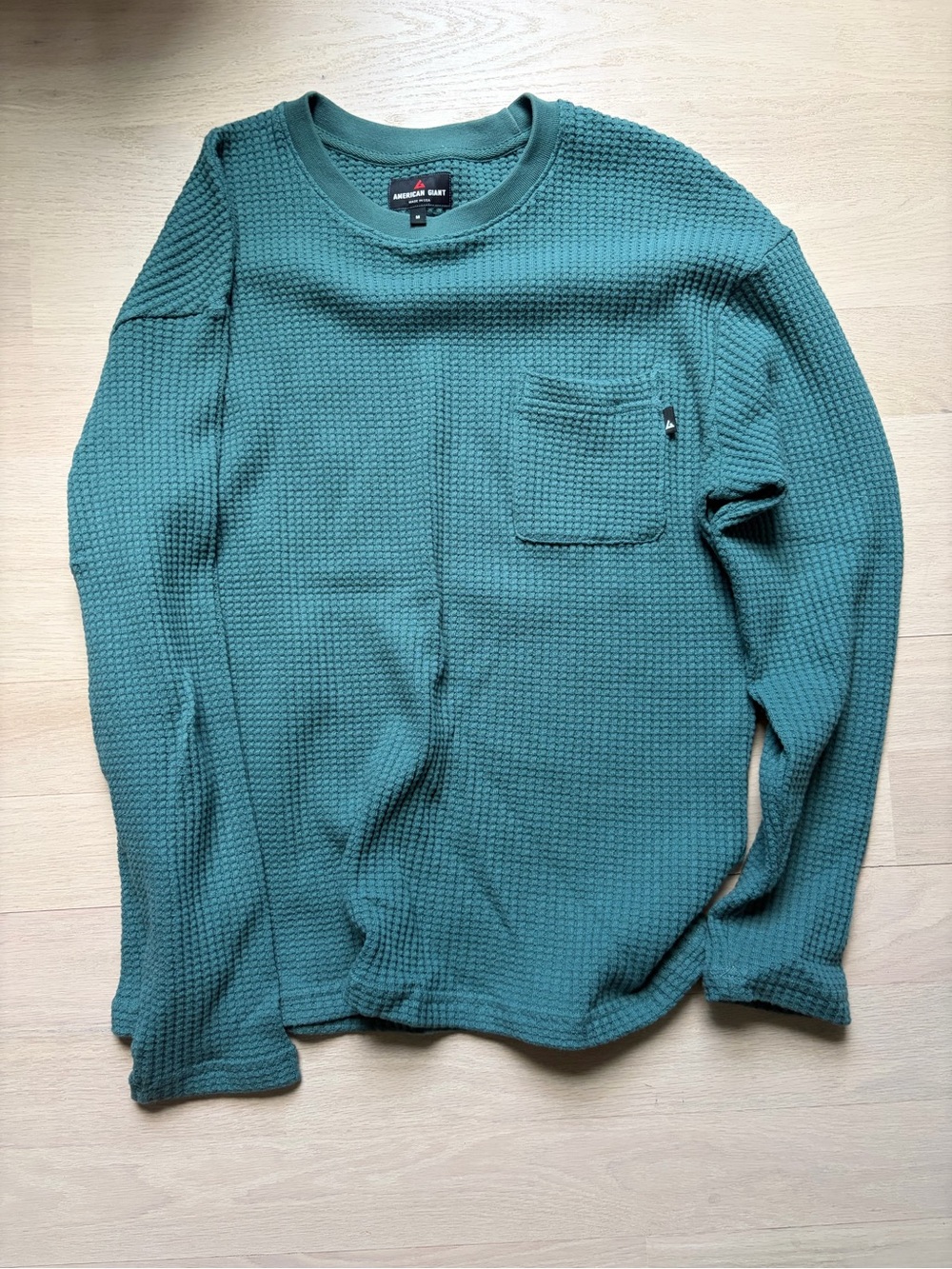 American Giant Teal Waffle-Knit Long Sleeve Pocket Tee